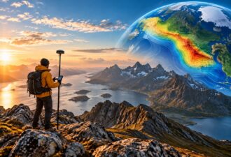 Фотореалістичний гірський пейзаж на заході сонця: геодезист із GPS-обладнанням стоїть на скелястому схилі над фіордом, оточеним високими засніженими горами. У небі праворуч зображено напівпрозору модель Землі з кольоровими контурами рельєфу та полярною крижаною шапкою.