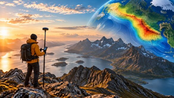 Фотореалістичний гірський пейзаж на заході сонця: геодезист із GPS-обладнанням стоїть на скелястому схилі над фіордом, оточеним високими засніженими горами. У небі праворуч зображено напівпрозору модель Землі з кольоровими контурами рельєфу та полярною крижаною шапкою.