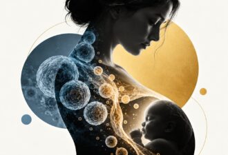 Мінімалістична наукова ілюстрація мікрохімеризму: профіль жінки та силует немовляти поєднані напівпрозорими клітинними структурами, що символізують обмін клітинами між матір’ю та дитиною. Світлий фон, геометричні кола в золотистих і синьо-блакитних відтінках та м’яке освітлення створюють елегантну, сучасну журнальну композицію.